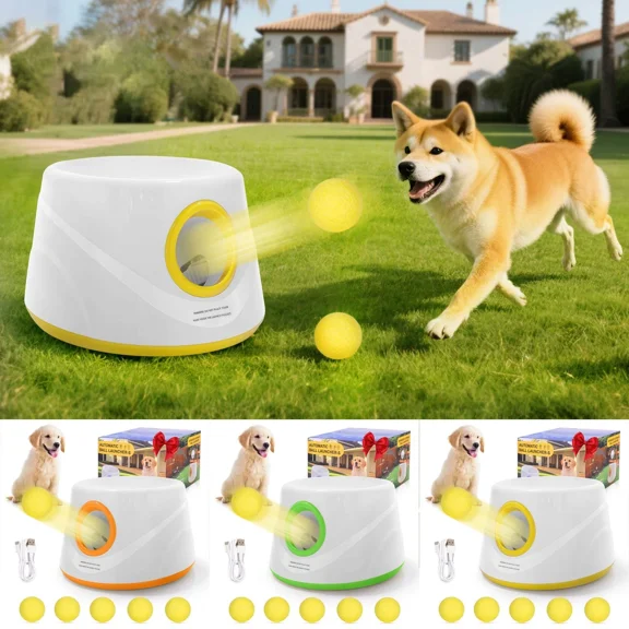 Automatic Dog Ball Launcher, Dog Ball Thrower Machine with 19-45Ft 3 Launching Distance, Interactive Toys for Small Dogs Indoor & Outdoor with 5 Tennis Balls, Green