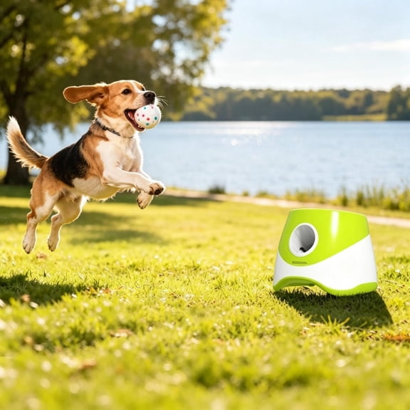 Automatic Dog Ball Launcher Machine, Adjustable 3-Distance Thrower with 5 ETPU Balls, Rechargeable Fetch Toy for Small Medium Dogs, Indoor Outdoor Exercise Tool, Green