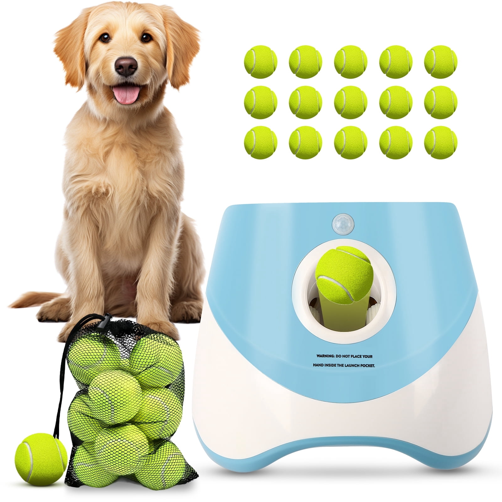 Automatic Dog Ball Launcher for Small Dogs, Indoor/Outdoor Interactive Dog Toy,USB Rechargeable Ball Thrower,10-30 Ft,Includes 15 Mini Tennis Balls,Blue
