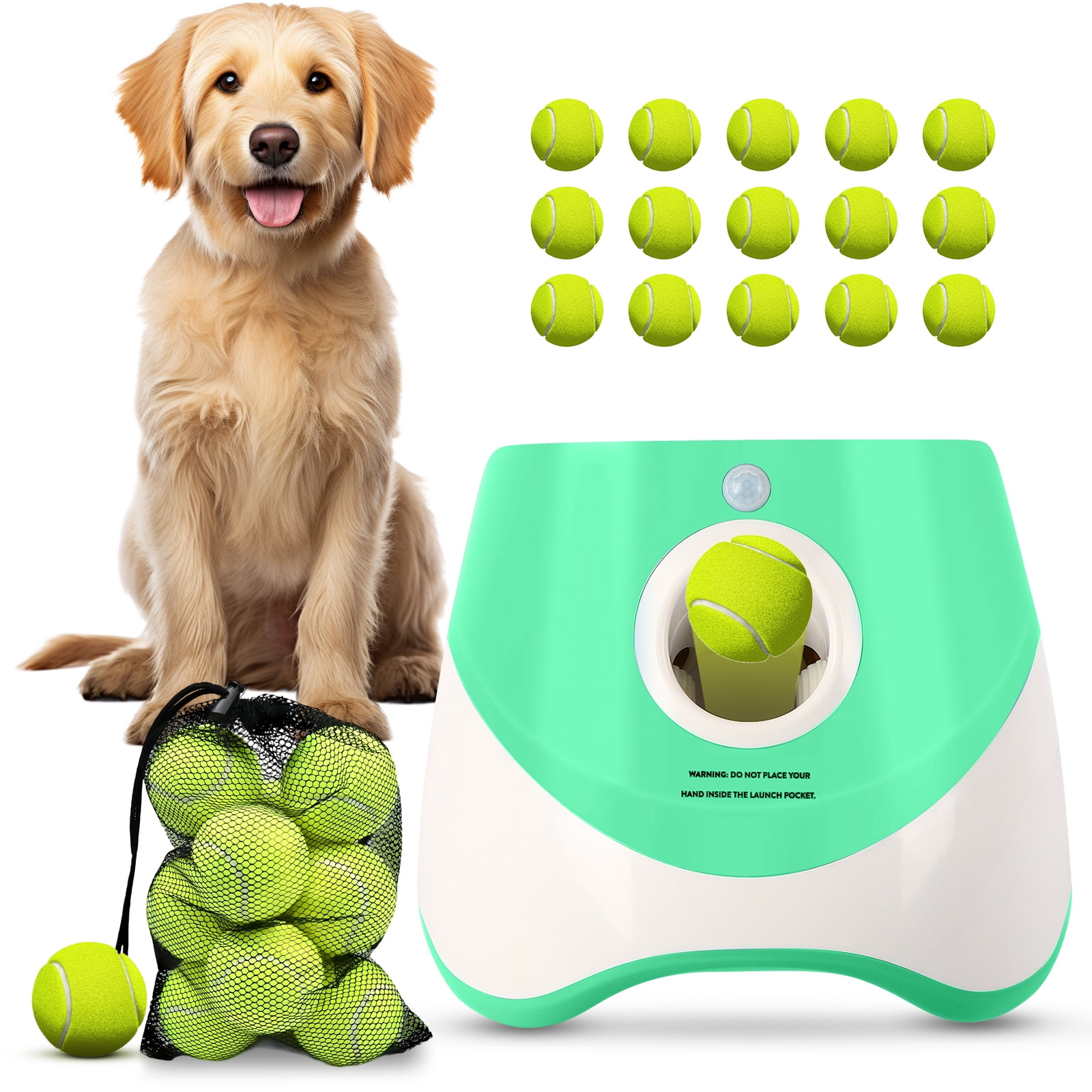 Automatic Dog Ball Launcher for Small Dogs, Indoor/Outdoor Interactive Dog Toy,USB Rechargeable Ball Thrower,10-30 Ft,Includes 15 Mini Tennis Balls,Green