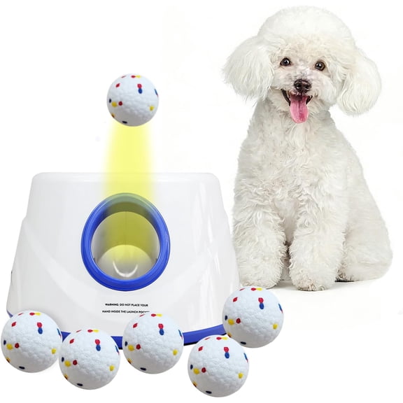 Automatic Dog Ball Launcher with 3 Adjustable Distance Settings 20 to 45 Feet and 6 Two Point Three Inch Etpu Balls Size Medium