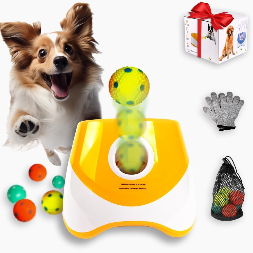 Automatic Dog Ball Launcher Toy For Small Dogs - Includes 3 Tennis Balls, Adjustable Distance (10/20/30 Ft)