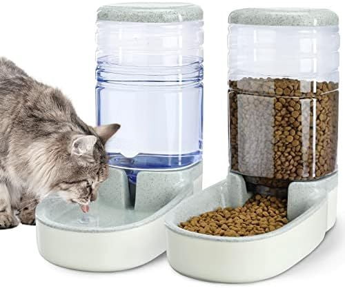 Automatic Dog Cat Feeder and Water Dispenser Gravity Food Feeder and Waterer Set with Pet Food Bowl for Small Medium Dog Puppy Kitten, Large Capacity 1 Gallon x 2(Grey)