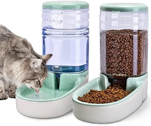 Automatic Dog Cat Feeder and Water Dispenser Gravity Food Feeder and Waterer Set with Pet Food Bowl for Small Medium Dog Puppy Kitten, Large Capacity 1 Gallon x 2