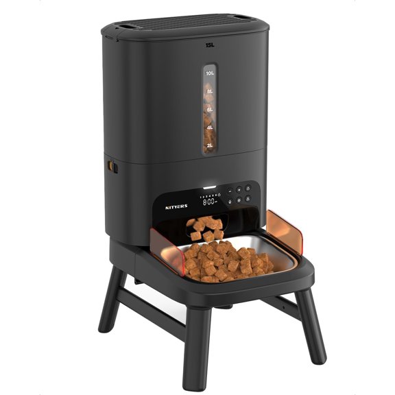 Automatic Dog Feeder for Large Breed - 15L/ 63 Cups Anti-Clog Food Dispenser 2-23mm Kibble, Elevated Stand, Tray, Dual Power, Up to 50 Portions 6 Meals Per Day, Keeps Fresh