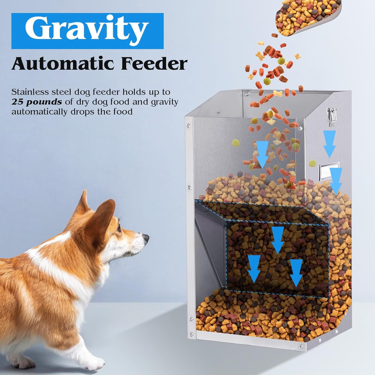 Automatic Dog Feeder Large Breed with Handle, Stainless Steel Indoor Outdoor Pet Food Dispenser for Large Dogs (25lbs)