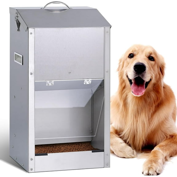 Automatic Dog Feeder Large Breed Outdoor Auto Dog Food Dispenser 25lbs Large Capacity Stainless Steel Gravity Pet Feeder Feeding Station Pet Dry Food Dispenser (M)