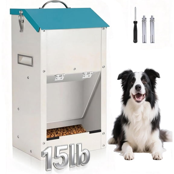 Automatic Dog Feeder Large Breed Outdoor & Indoor Galvanized Dog Food Dispenser 15lbs Wall Mountable Gravity Pet Food Station Auto Feeder Self Feeding with Clear Door for Puppy, Dog, Cat