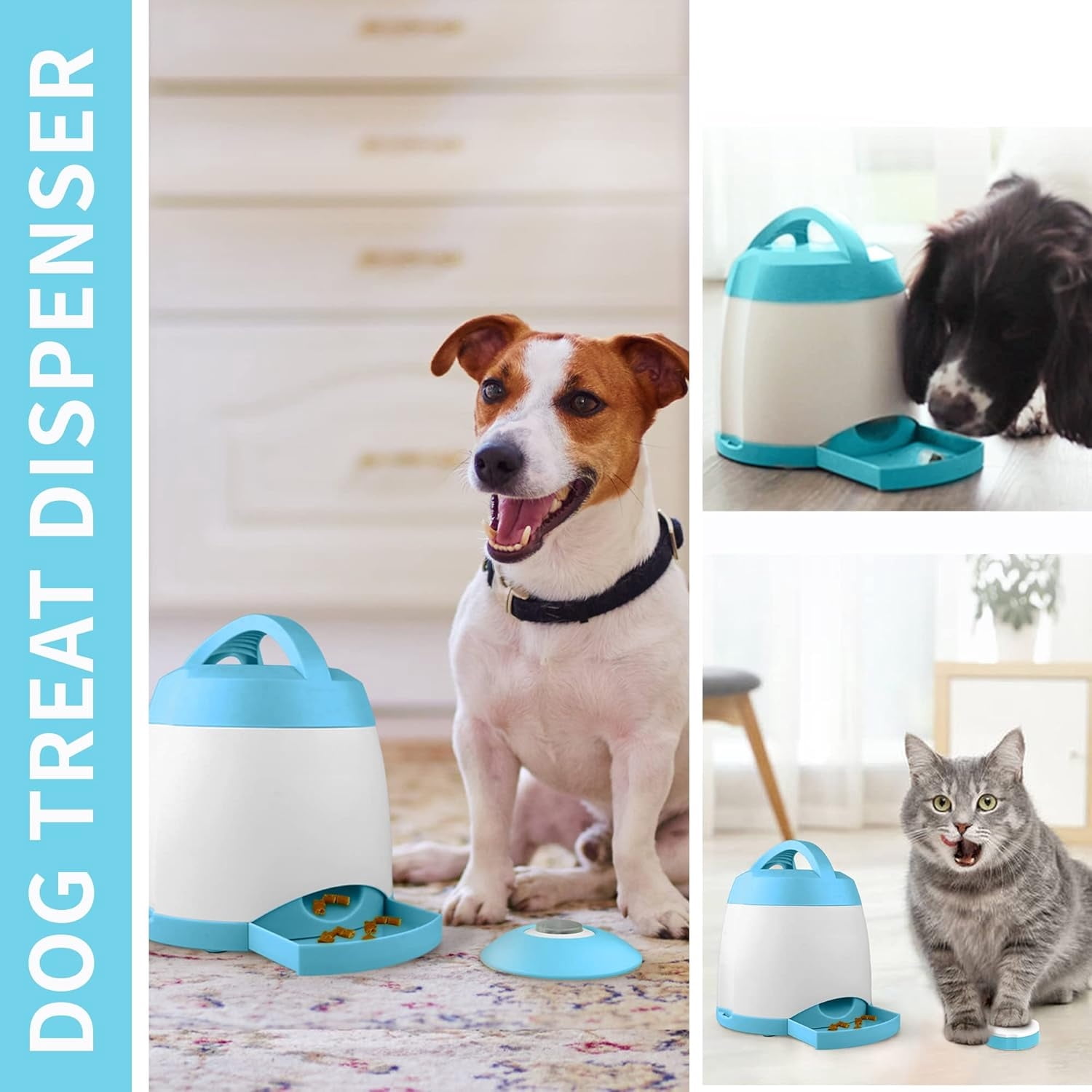 Automatic Dog Treat Dispenser with Button - Puzzle Memory Training Feeder, Pet Geek Button Treat Food Dispensing Toys Interactive, Iq Training Dog Feeder (Blue)
