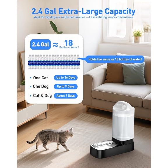 Automatic Dog Water Bowl Dispenser - 2.4 Gal Large Gravity Auto Pet Water Feeder Fountain Waterer with Stainless Steel Bowl & Easy Carry Handle for Large Dog Multi Pet Use, , No Leakage