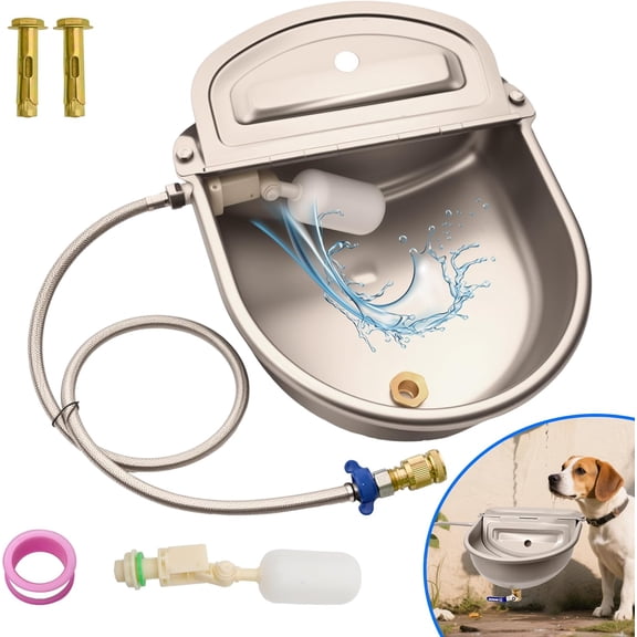 Automatic Dog Water Dispenser, Outdoor Chicken Waterer with Drain Valve, Easy Cleaning, Stainless Steel Auto Livestock Water Bowl with Float Valve, Self Drinking Trough for Horse (3 Gallons)