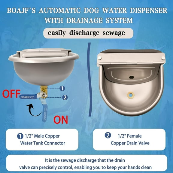Automatic Dog Water Dispenser, Outdoor Chicken Waterer with Drain Valve, Easy Cleaning, Stainless Steel Auto Livestock Water Bowl with Float Valve, Self Drinking Trough for (1 Gallon)