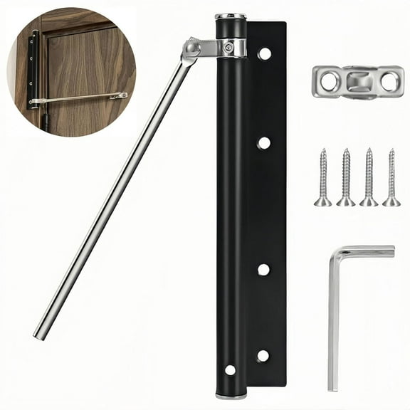 Automatic Door Self-Closing Hinge, Automatic Door Closer,Top Latch Soft Close,Easy to Install,Stainless Steel with Force Arm,Screws and Wrench(1 Pack,Black)