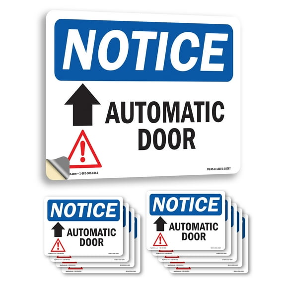 Automatic Door [Up Arrow] With Symbol OSHA Notice Vinyl Decal Label 10 Inch x 7 Inch - 10 Pack