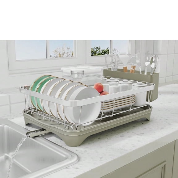 Automatic Drainage Stainless Steel Dish Drying Rack with Drip Tray, Large Capacity Space Divided Organizer for Bowls Cups (1-Pack)