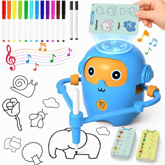 Automatic Drawing Robot, Interactive Educational Toy with NFC Technology for Kids 3-6 Years Old, Painting Learning Machine with Alphabet Cards, Safe Plastic Material (Blueorange)