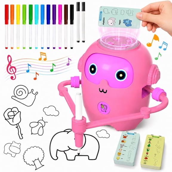 Automatic Drawing Robot, Interactive Educational Toy with NFC Technology for Kids 3-6 Years Old, Painting Learning Machine with Alphabet Cards, Safe Plastic Material (Pinkpurple)
