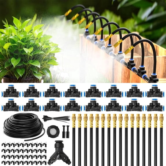 Automatic Drip Irrigation Kit, 100FT Garden Watering System with 16 Adjustable Copper Nozzles & Atomizing Sprinklers for Raised Beds, Greenhouse, Lawn, Yard - Water Saving DIY Irrigation System