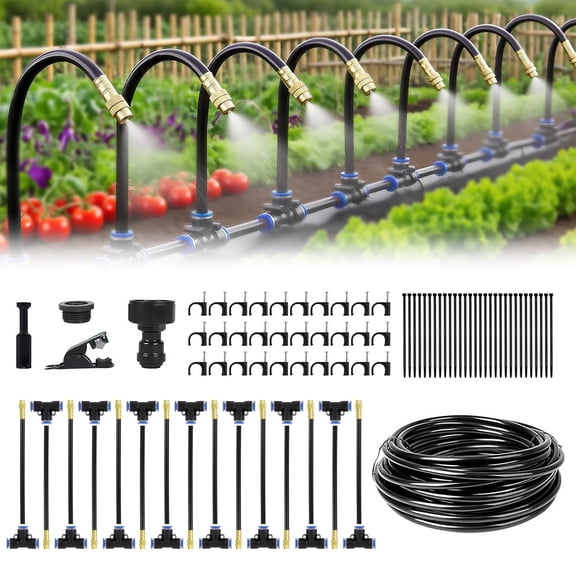 Automatic Drip Irrigation Kit - 50FT with Tool-Free Quick Connectors, 15 Copper Atomizing Nozzles & 360 Bendable Spray for Garden, Greenhouse, Lawn, Plants