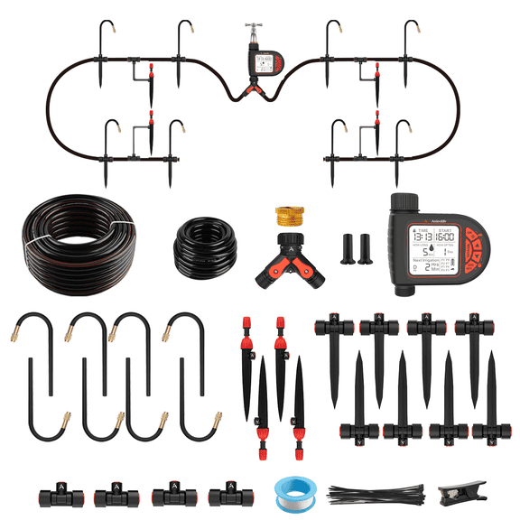 Automatic Drip Irrigation Kit 82.4FT with Water Timer, 8 Custom Programs & LCD Screen, Quick-Connect Tubing, Adjustable & 360° Bendable Nozzles for Raised Beds, Garden, Lawn