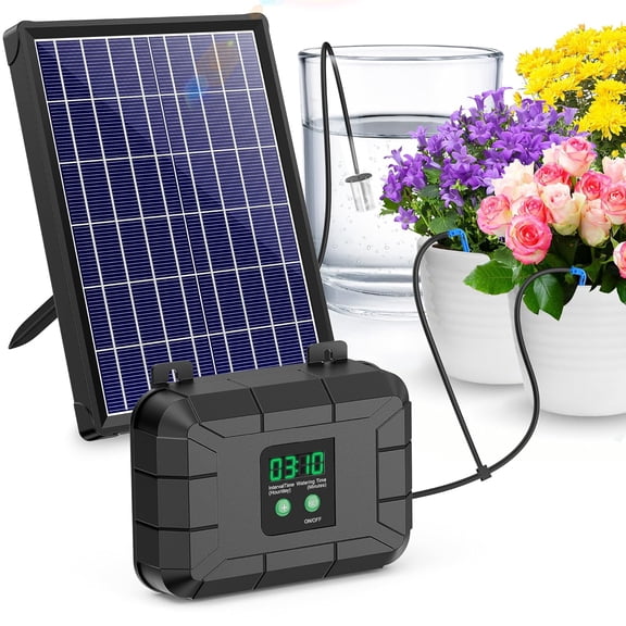 Automatic Drip Irrigation Kit, 8W Solar Irrigation System with Battery for Garden with Digital Programmable Timing Modes, Solar Watering System Take Care Your Plants