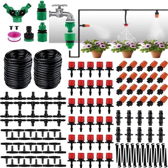 Automatic Drip Irrigation Kit, 98FT Adjustable Micro Drip Watering System for Garden, DIY Plant Irrigation Kit with 1/4" Tubing, Drip Emitters & Sprayers for Greenhouse Lawn Patio Flower Bed