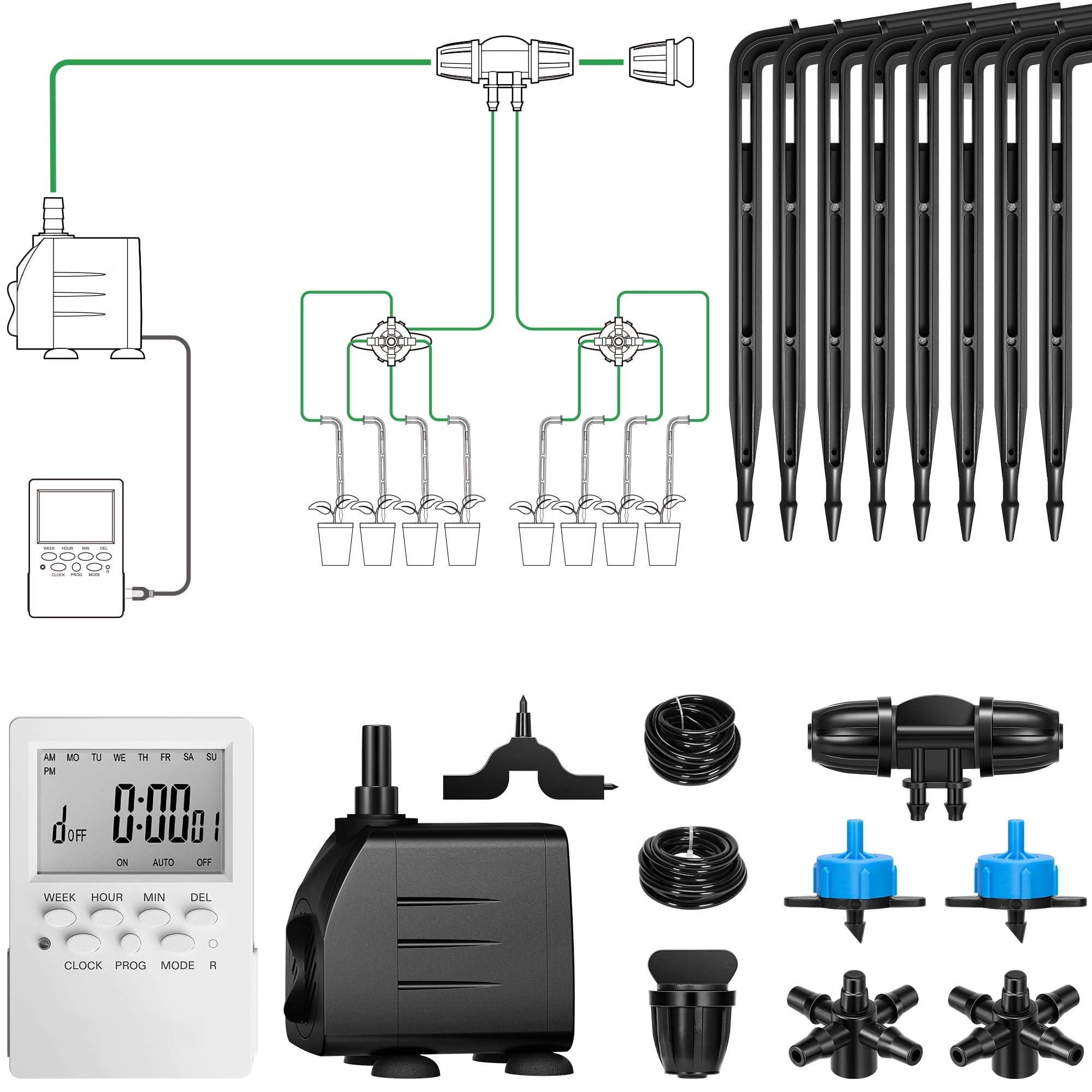 Automatic Drip Irrigation Kit Smart Watering System with 16/8/4 Drip Emitters, 4mm Fast Flow, App-Controlled A10 GrowHub, Quiet 15W Pump, Anti-Siphon & Filtered for Indoor & Outdoor Plants