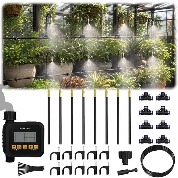 Automatic Drip Irrigation System with Smart Water Timer, DIY Plant Watering Kit, 10m Garden Hose, 8 Adjustable Spray Nozzles, Brass Connectors for Greenhouse, Flower Beds