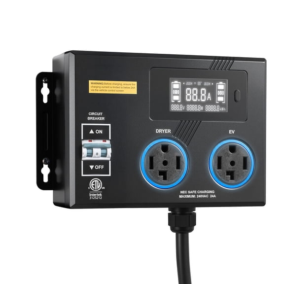Automatic EV Charging Switch, NEMA 14 30 Splitter for Dryer and EV Charger, 24A 240V, Circuit Breaker, Real Time Display, ETL