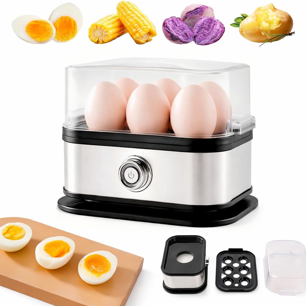 Automatic Egg Cooker 6 Egg Capacity, Soft, Medium, Hard Boiled, Poacher, Stainless Steel Electric Eggs Cooker,Or Hard-Boiled Eggs, Rapid Cook Time