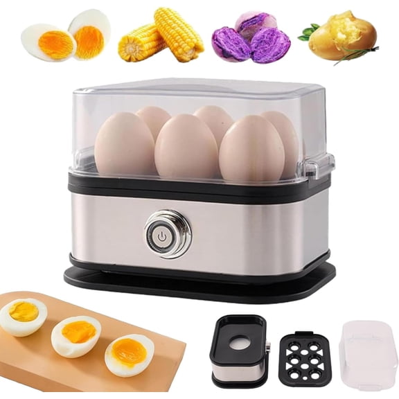 Automatic Egg Cooker, 6 Egg Capacity with Stainless Steel, Knob Controled Auto Shut-Off Function, Boil-Dry Protection, Hard Medium Soft Boiled & Poached Egg Maker