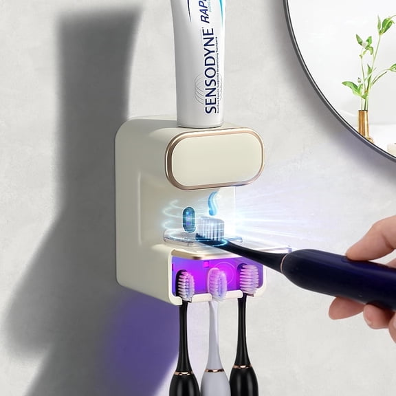 Automatic Electric Toothpaste Dispenser Wall Mounted, 3-in-1 Toothbrush Holder and Organizer with 3 Brush Slots for Bathroom Counter