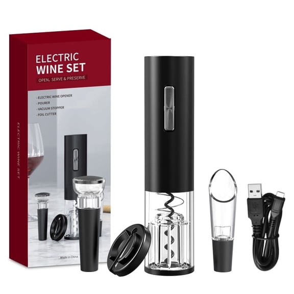 Automatic Electric Wine Bottle Opener, Rechargeable 4-in-1 Kit with Vacuum Wine Stopper, Foil Cutter and Aerator Pourer, Ideal Gift for Wine Lovers, Wedding, Housewarming, Home Bar