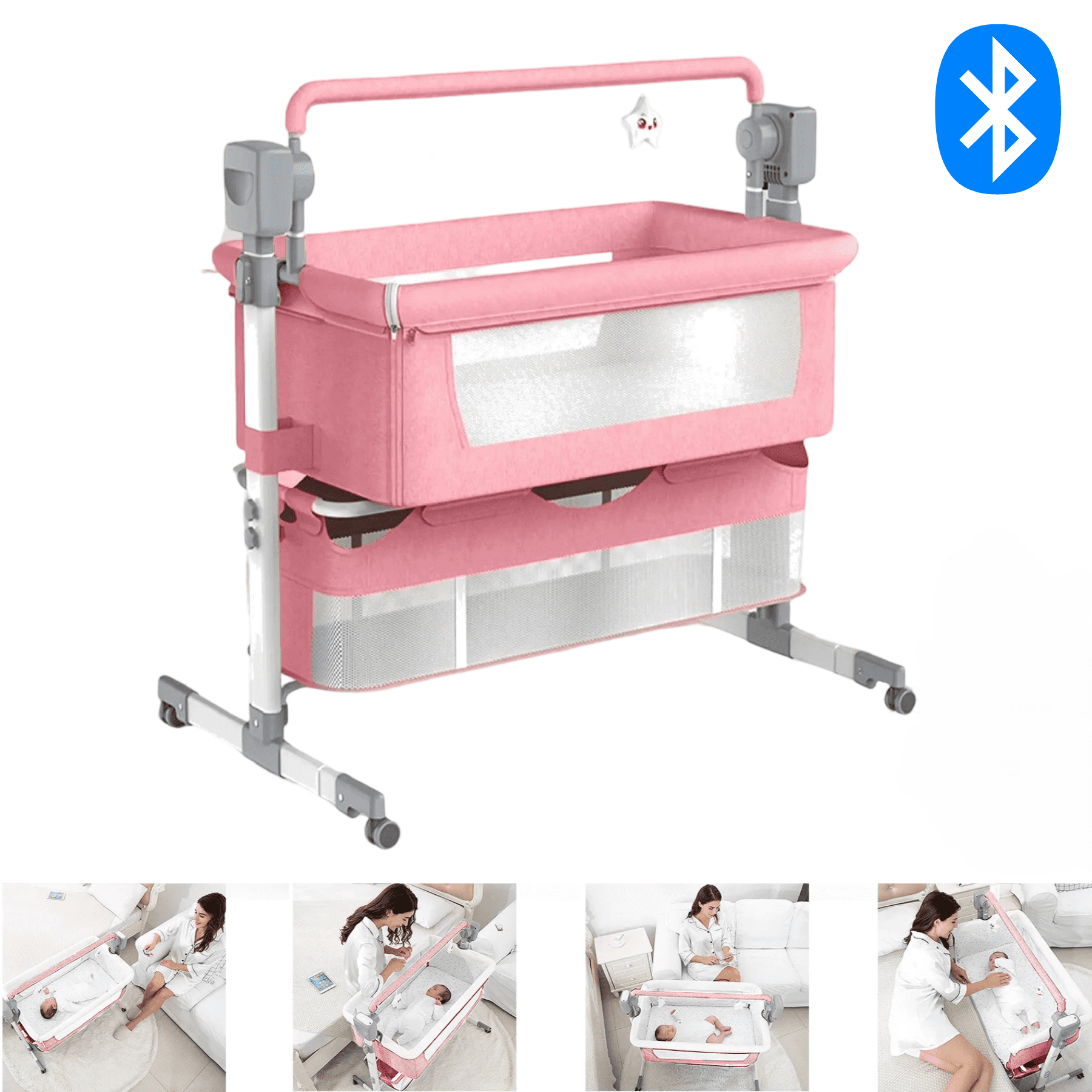 Automatic Electric baby Crib with Bluetooth Music Speaker with Mosquito Net for Newborn,3 in 1 Height Adjustable,Unisex,Pink