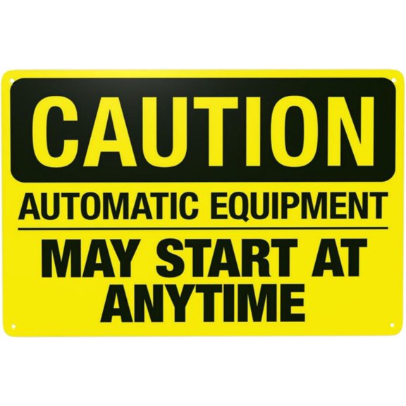 Automatic Equipment May Start At Anytime Warning Sign, Security Safety Metal Signs, Vintage Caution Poster Wall Decor for Business Office Home Street Road Custom Use 12 x 8 Inch