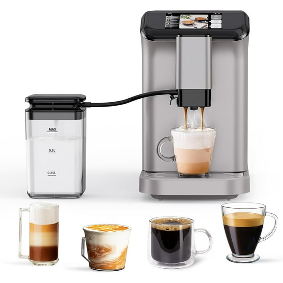 Automatic Espresso Coffee Machine with Milk Frother, 8-In-1 Coffee Maker with TFT Touchscreen