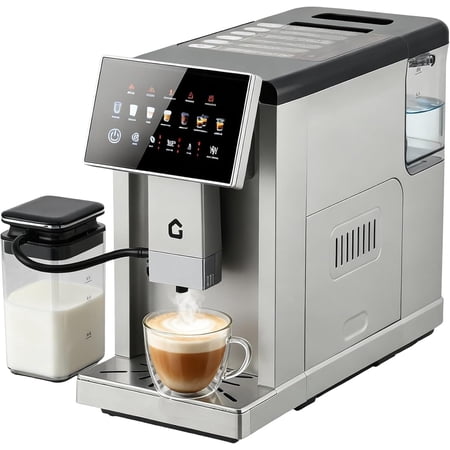 Automatic Espresso Maker with Built-in Grinder & Milk Frother, One-Touch Coffee Machine, 6 Custom Recipes, 1.5l Water Tank, Auto Self-Cleaning, 120v for Home & Office Use-Silver