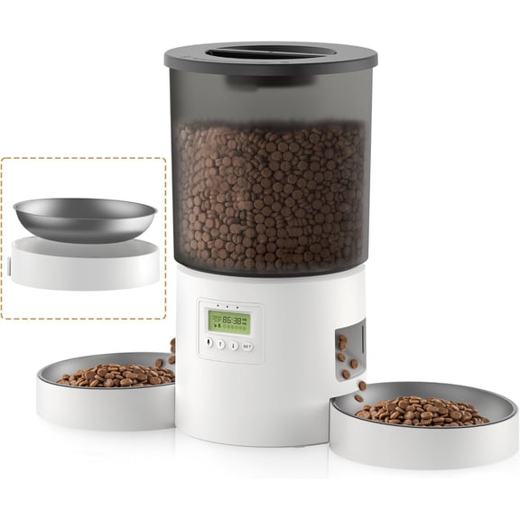 Automatic Feeder 2 Cats, 4.2L Dry Auto Dispenser with Double Stainless Steel Bowls, Power ,Programmable Portion Control,10s Voice Recorder (Transparent White)