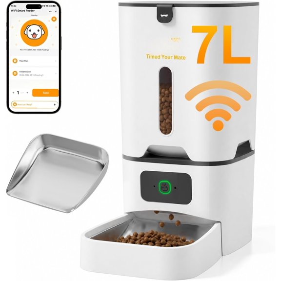 Automatic Feeder, 7L Dispenser with APP Control, WiFi Timed Feeder, Programmable Timer, Power , Detachable for Easy Cleaning, for Cats Small Pets