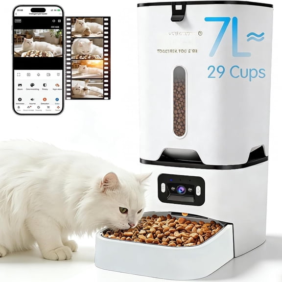 Automatic Feeder with Camera, 5G WiFi Auto Dispenser with APP Remote Control, 7L Large Storage for Multiple Pets, Scheduled Feeding, Stainless Steel Bowl, Easy Clean