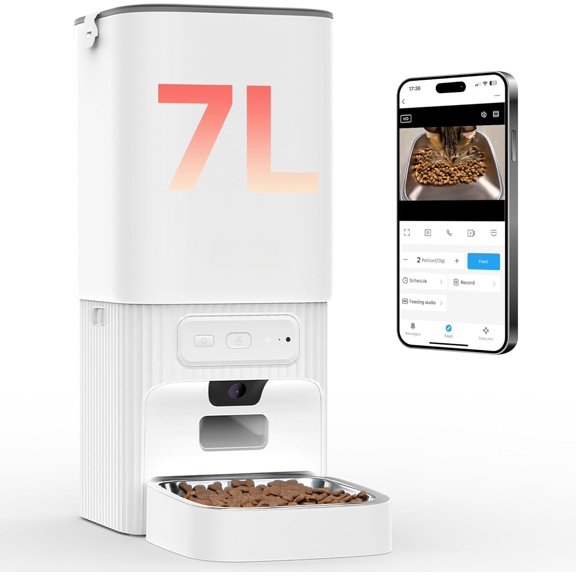 Automatic Feeder with Camera, 5G WiFi Automatic Feeder, 7L Dispenser with Night Vision, 1-15 Meals, 1-99 Portions, 2-Way Audio, Jam Free, Ideal for Multiple Pets