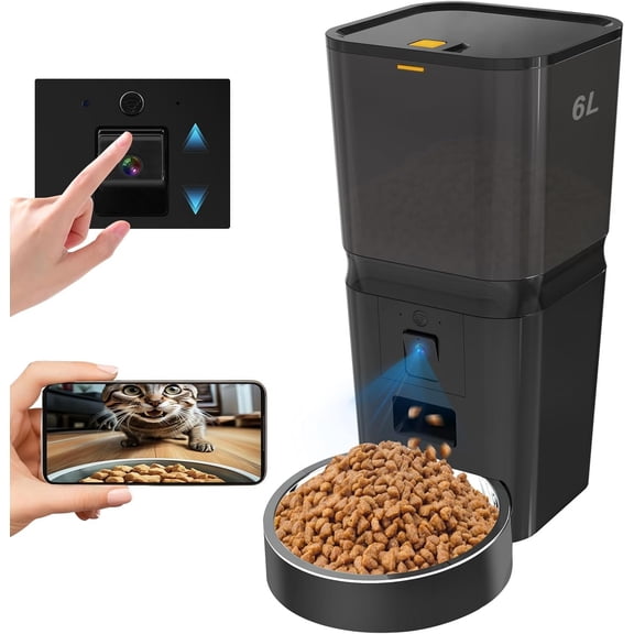 Automatic  &  Feeder with Camera, 6L  WiFi  Dispenser for Small Pets - Timed Feeding App,  Backup, Two-Way Audio,Voice Recorder, Night Vision & Portion Control