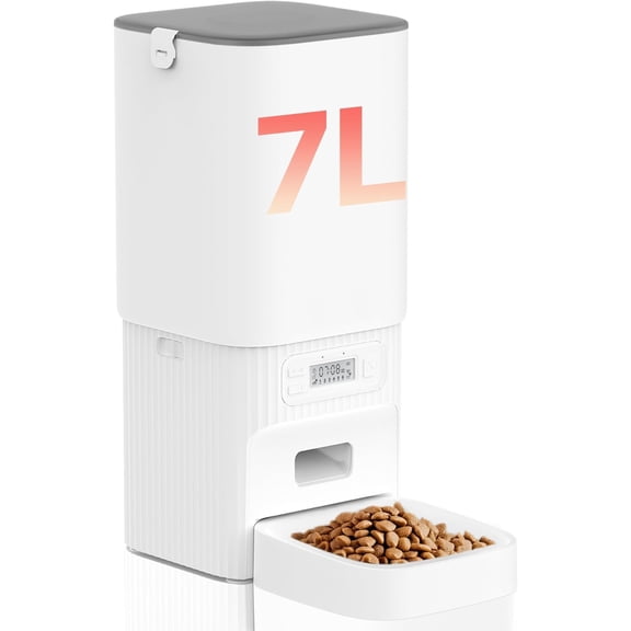 Automatic Feeders, 7L/29 Cups Automatic Feeder with Desiccant Bag, 1-6 Meals Ideal for 2-15mm Dry , Suitble for Multiple Pets, Dual Power , Detachable Washable, White