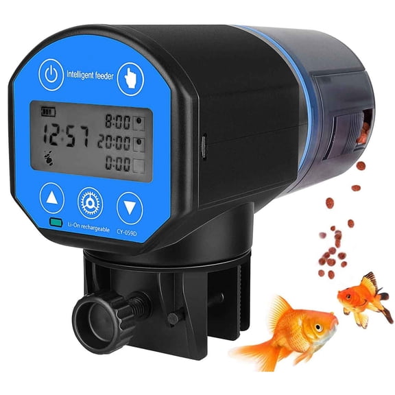 Automatic Fish Feeder, Feeding Time Display USB Rechargeable Timer Moisture-Proof Aquarium Food Dispenser with Large Capacity, Blue