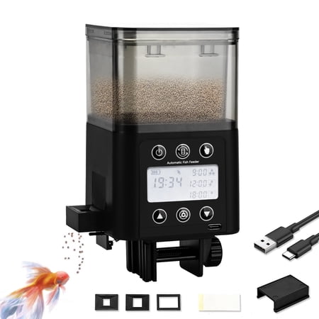 Lychee Automatic Fish Feeder for Aquarium with Timer, LCD Display 320ML Large Capacity Adjustable Fish Dispenser, Operated Feeders for Goldfish, Turtle for Vacation, Weekend or Daily Use(Black)
