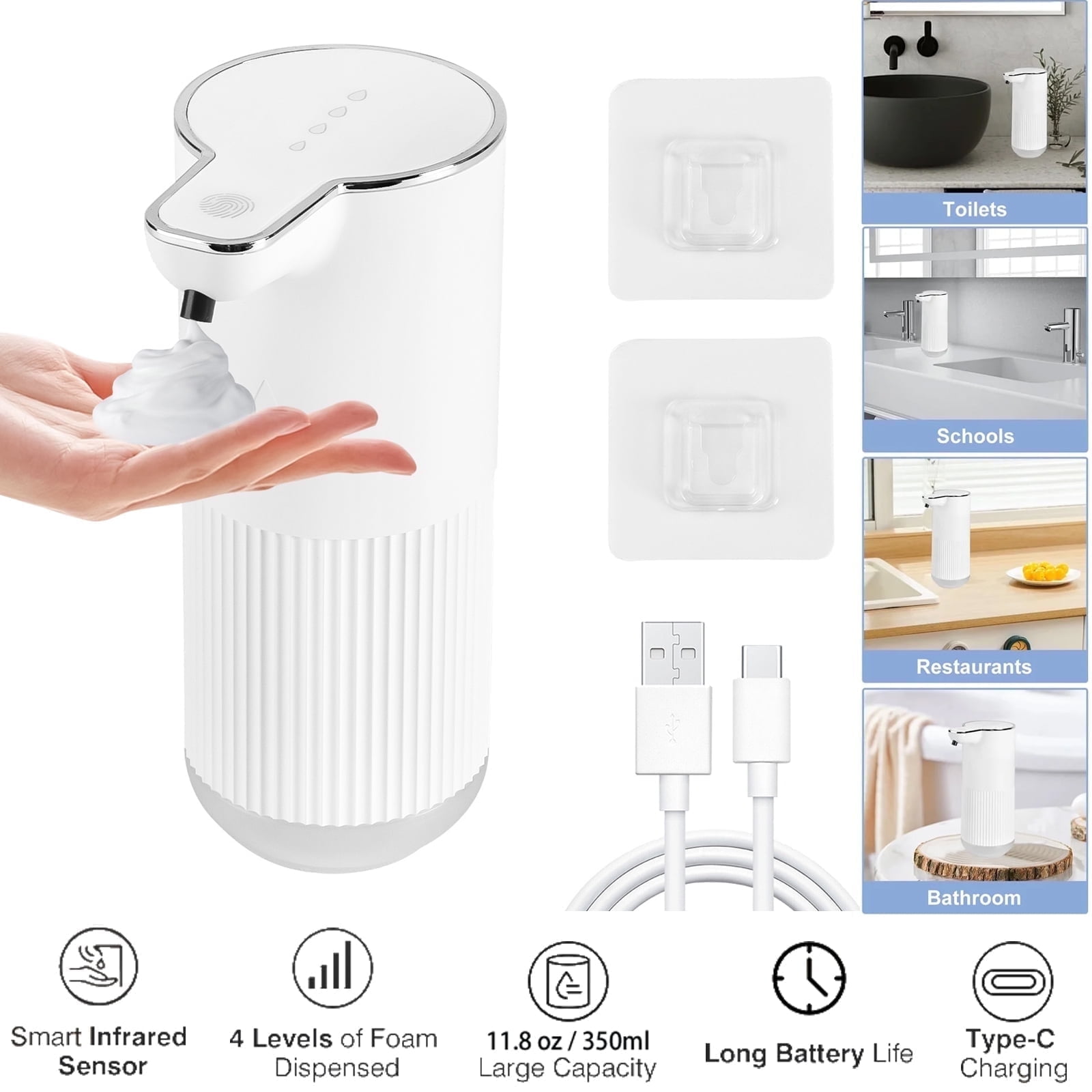 Bigking Foam Soap Dispenser Automatic, 350ml Rechargeable Wall Mounted Soap Dispenser with 4 Adjustable Levels, IPX5 Waterproof Touchless Soap Dispenser for Bathroom and Kitchen