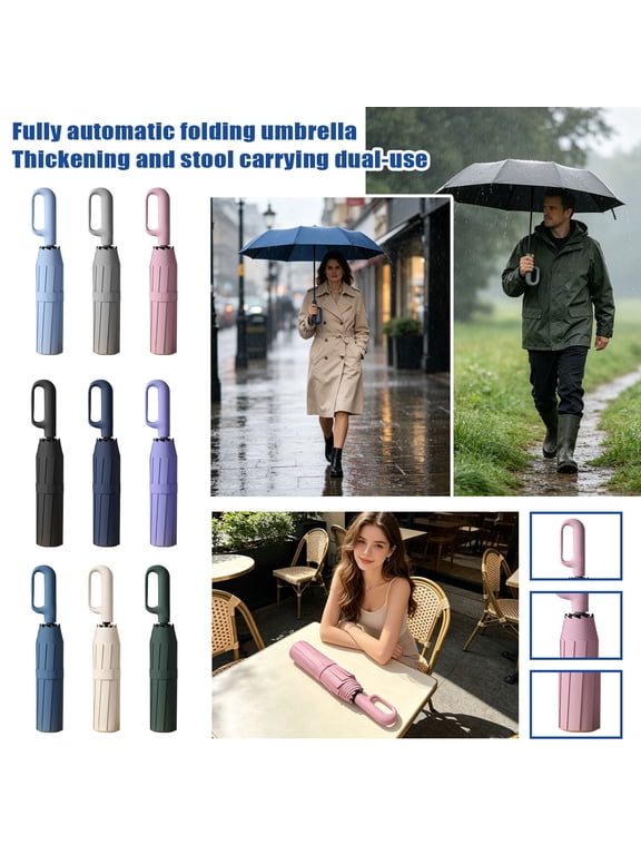 Automatic Folding UV Umbrella - Auto Open Close Windproof Travel Umbrella with Ring Hook Handle, Extra Large Rain & Sun Compact Umbrella for Commute (1 Pack)