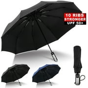 JOUALY 10Ribs Automatic Folding Umbrella, Auto Reverse Windproof Compact Umbrella , Black