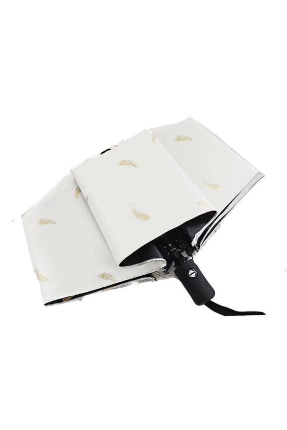 Automatic Folding Umbrella with Feather Pattern, 95cm Windproof Canopy for Sun and Rain Protection, 190T Waterproof Polyester and Reinforced Fiberglass Frame, Compact 3-Fold(Automatic-White)