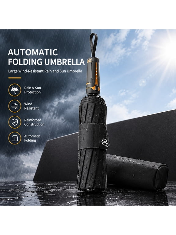 Automatic Folding Umbrella, Large Wind-Resistant Rain and Sun Umbrella, Reinforced Polyester Construction, Compact 5 x 5 x 33 cm, 500 g, Meteor Black